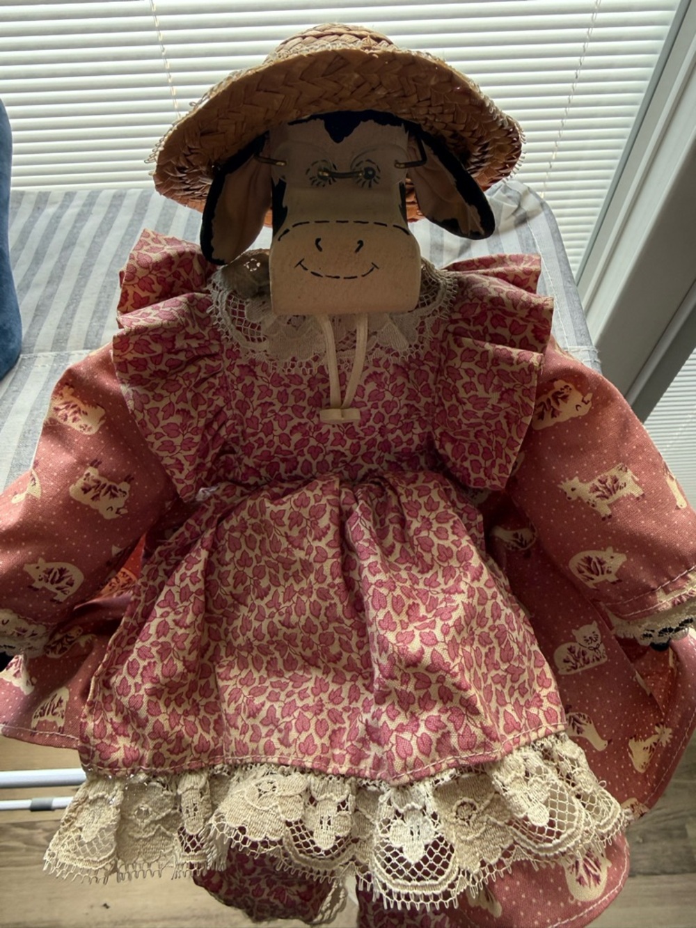 Vintage Handcrafted Pink Cow Doll Plush in Floral Dress